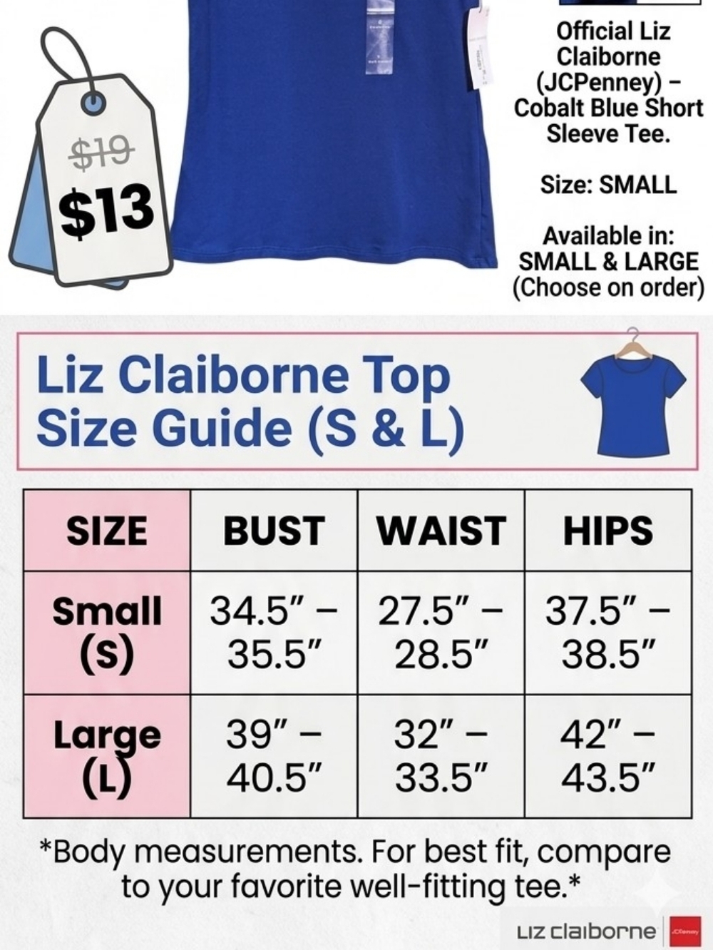 💙 NWT Liz Claiborne Cobalt Blue Short Sleeve Tee - Size Small OR Large 💙 - Picture 4 of 4